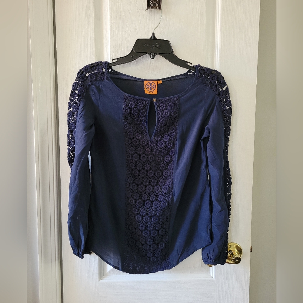 Tory Burch 100% Silk & Crochet Lace Long Sleeve Blouse Navy Blue Size 4
